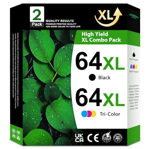 Cartuchos de tinta 64XL negro/tricolor (2 unidades, negro/tricolor) de repuesto para impresora HP 64XL 64 para impresora Envy Inspire 7255e, 7955e, 7958e, 7900e, Envy Photo 7855, 7858, 7800, 7100,