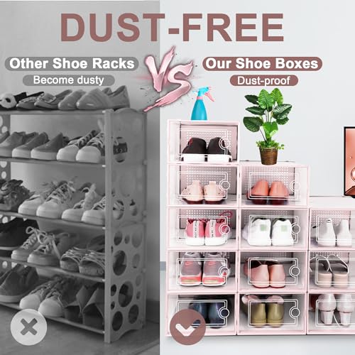 Image of Kuject Shoe Organizers Storage Boxes for Closet, 12 Pack Clear Plastic Stackable Storage Bins with Lids, Under Bed Shoe Containers for Entryway, Drop Front, Fit up to Women's Size 10,Pink