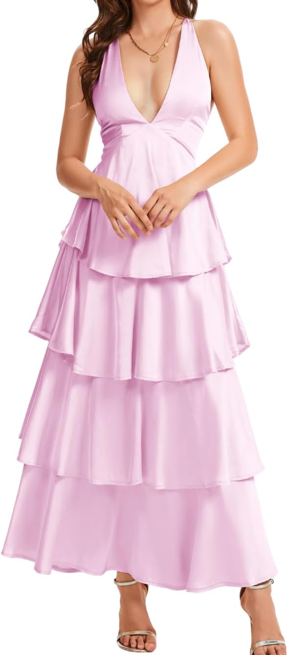 Ruffle Tiered Maxi Dress,Deep V Backless Satin Formal Dresses Women,Homecoming Cocktail Wedding Guest Outfits