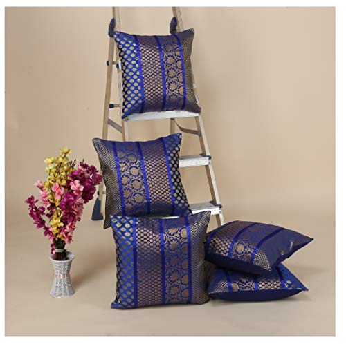 Image of Home Decor Decorative Heavy Brocade Banarsi Silk Cushion Covers Pillowcase 16 inch Rajasthani Diwan Living Room Sofa Settee Couch Cushion Pillow 40 x 40 cm (Blue, 5)