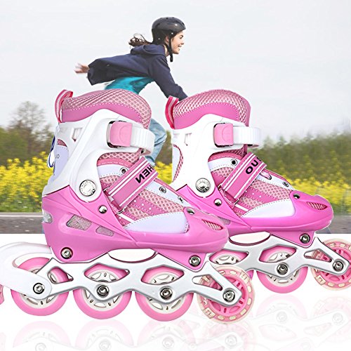 Pattini in linea per bambini regolabili con pattini lampeggianti, pattini da ghiaccio regolabili 3 in 1, per ragazza e ragazzo e donna, pattini in linea, S:31-34/M:35-38 (S,Rosa)