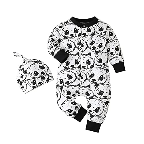KONF Unisex Baby Girl Boy Fall Clothes Outfits,Baby Boys Long Sleeve Cartoon Pandas Romper Jumpsuit Hat Outfits