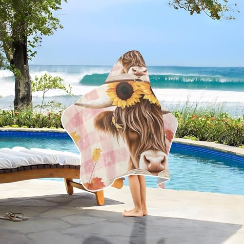 Image of A Highland Cow with Sunflowers Hooded Beach Towel for Kids, Kids Bath Hooded Towels for Boys Girls, Super Soft Absorbent Bathrobe with Hood for Swin Pool 50 inchx23.5 inch