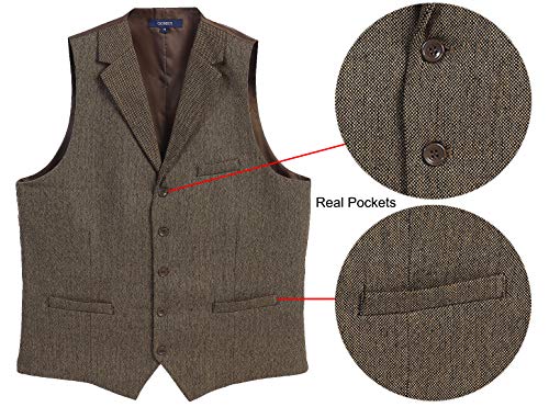 Gioberti Men's 5 Button Tailored Collar Slim Fit Formal Herringbone Tweed Suit Vest, Khaki Herringbone, Size X-Large #TOP5
