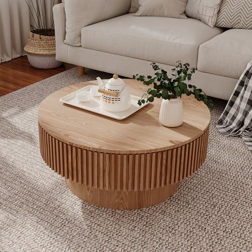 HanStrong Round Coffee Table with Storage, 31.5' Modern Solid Wood Veneered Drum Coffee Table Circle Wood Table Side End Accent Center Table for Living Room, Small Space, Apartment, Oak
