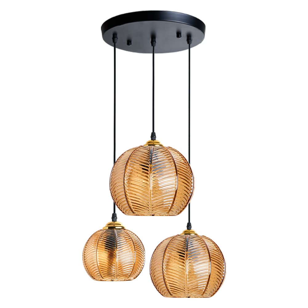 Amber Glass Pendant Light Mid-Century Modern Striped Glass Ceiling