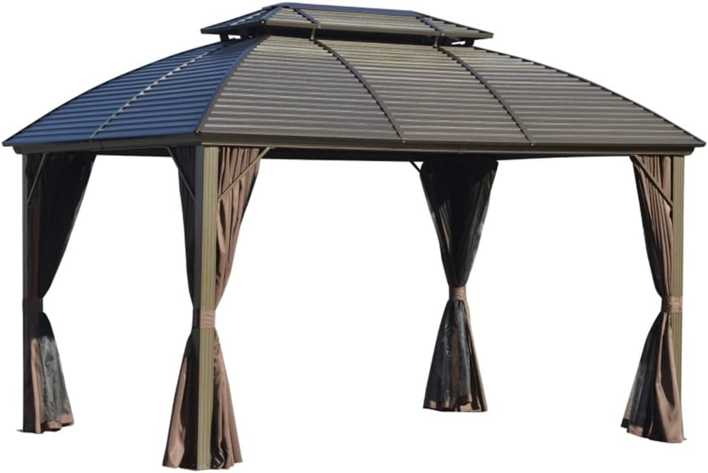 10x12 Hardtop Gazebo with Aluminum Frame, Metal Roof Gazebo Canopy with Curtains and Netting for Gardens, Patios