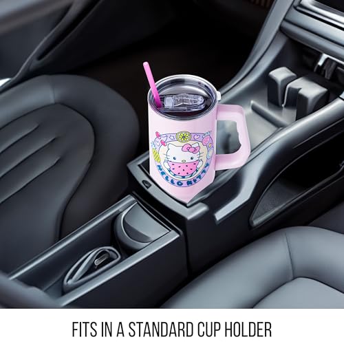 Image of Silver Buffalo Sanrio Hello Kitty Summer Kawaii Fruits Double Walled Stainless Steel Tumbler with Handle, Fits in Standard Cup Holder, 40 Ounces