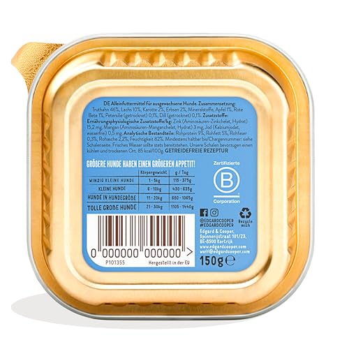 Edgard & Cooper Nassfutter für Hunde, (Lachs & Truthahn, 150g x11), Getreidefrei, natürliche Zutaten und frisches Fleisch, voller essentieller Aminosäuren