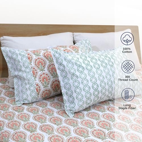 Image of TOAI Hand Block Printed Bedsheet | Bed Sheet Flatsheet | Pure Cotton | Double Bed Queen Size 90 inchx108 inch | 300 TC Bedsheets | Includes 2 Pillow Covers (Peach Green White)