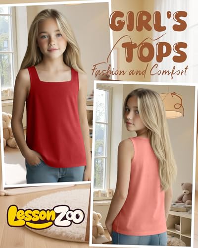 Image of 3 Pack Girls Square Neck Tank Tops | Basic, Sleeveless T-Shirts, Casual Summer Tanks, Kids Undershirts, School, Size 5-14 Years, Comfy, Elasticity