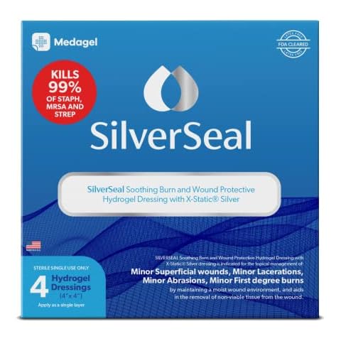 SilverSeal Burn and Wound Dressing | Hydrogel Pads with X-Static Silver | Soothing, Moist & Protective | Burns, Cuts & Wounds | 4 Sterile Dressings Cover
