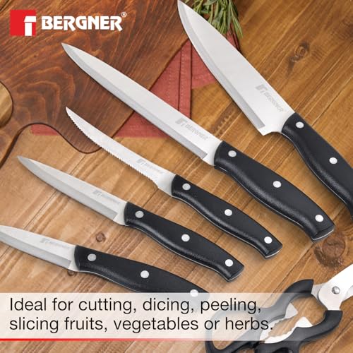 Image of Bergner Dusseldorf 7 Pcs Stainless Steel Knife Set - Chef Knife, Slicing Knife, Tomato Knife, Utility Knife, Paring Knife, Scissors and Wooden Block, Durable, for Kitchen and Restaurants - Black