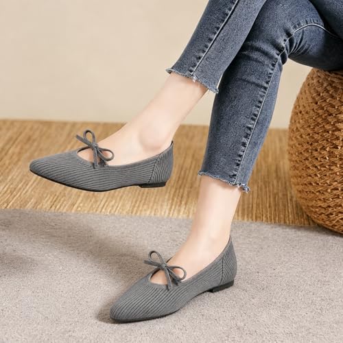 Image of TINGRISE Women's Pointed Toe Flats Comfortable Knit Ballet Shoes Washable Dressy with Bow Business Casual Work Shoes