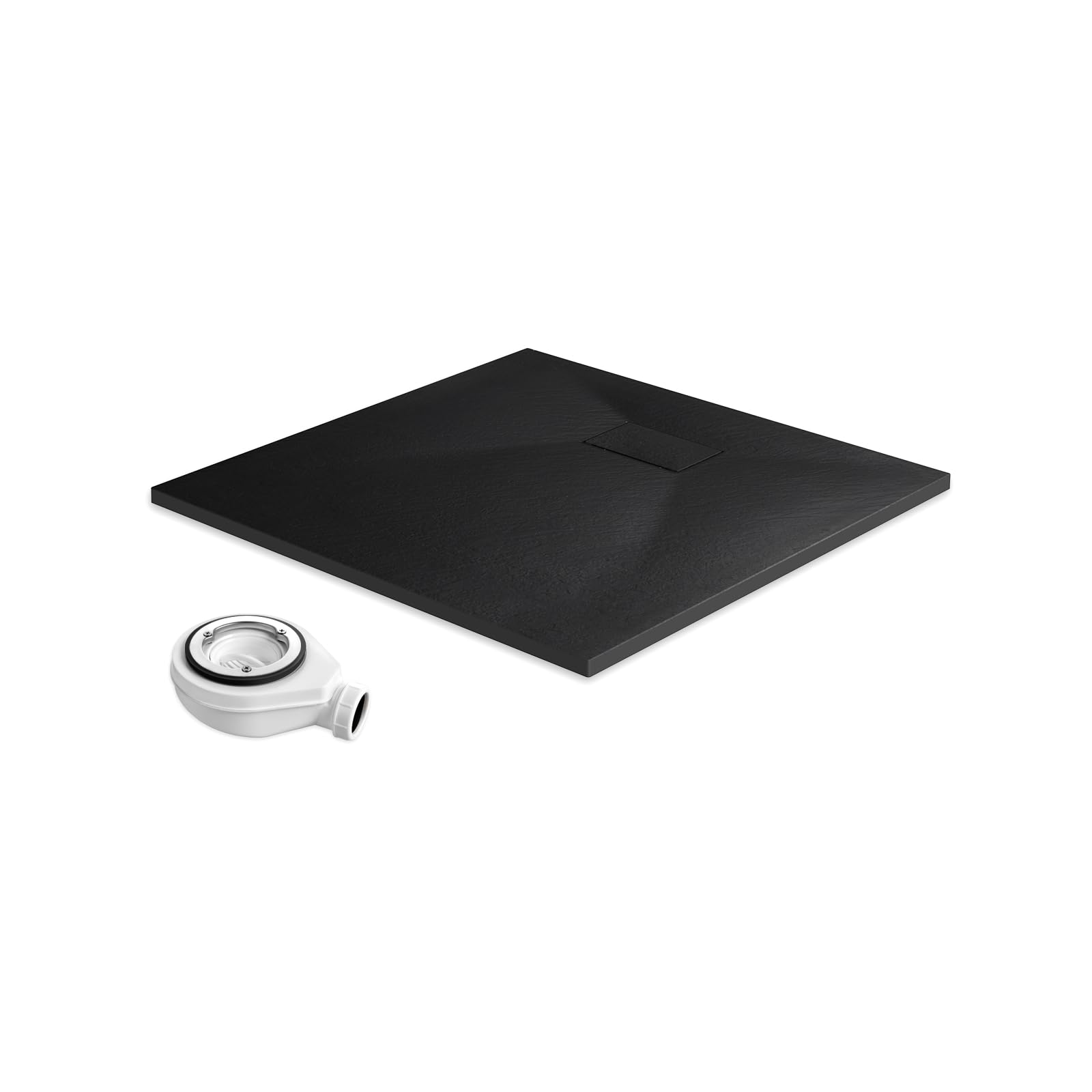 EMKE Plato de ducha con sifón 90 x 90 cm, plato de ducha antideslizante SMC, bandeja de ducha plana de 2,6 cm de altura, con cubierta recortable y desagüe de 90 mm, color negro