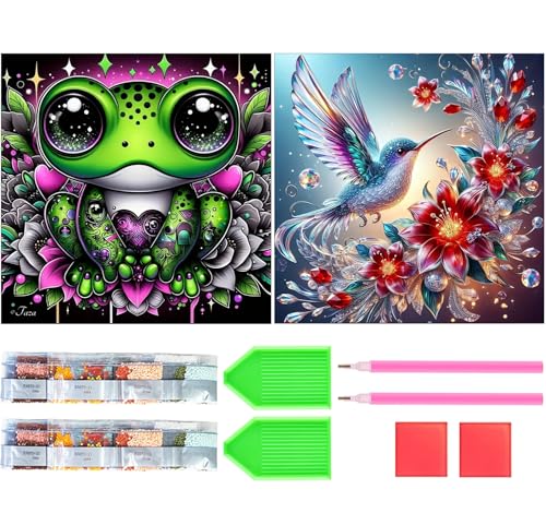 Amyaker ダイヤモンドアート キット 丸いビーズ 全面 2個セット ダイアモンドビーズ絵画キット DIY 手作り絵画 モザイクアート 5D モザイクアート ダイヤモンド塗装 全面貼り付けタイプ 30x30cm ハチドリ カエル