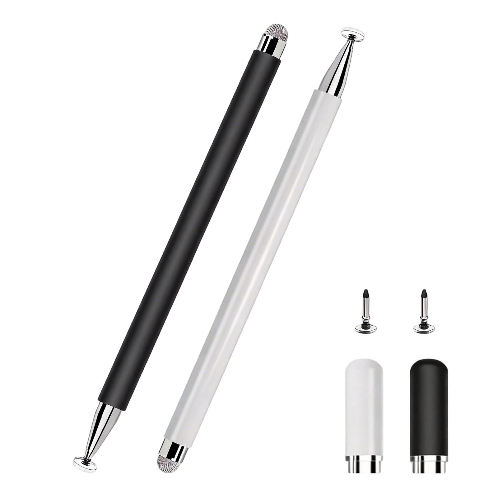 Lot de 2 stylets universels 2 en 1 pour tablette écran tactile, compatible iPad, Samsung, Huawei, blanc/noir