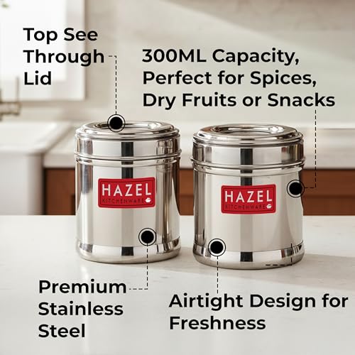 Image of HAZEL Stainless Steel Kitchen Containers 300ml Set of 2 with Transparent See-Through Lid | Airtight Spice & Dry Fruit Storage Jars