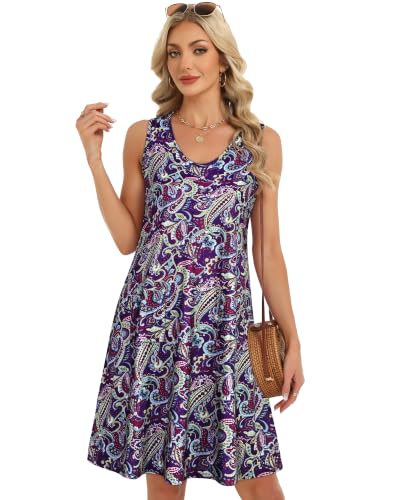 Image of Womens Summer Dresses Casual V Neck Sleeveless Pockets Beach Loose Sundress | 2026 Loose Tank Sun dres with pockets, Casual Beach Cover Up, Fashion Vacation Outfits, Tshirt Floral Boho A-Line Flow Dress
