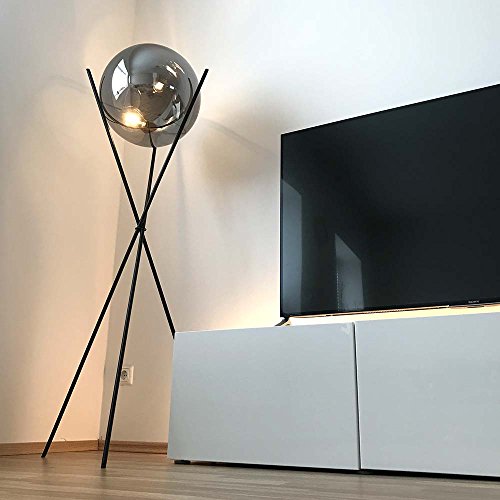s.LUCE Stehleuchte Sphere 40 schwarz mit rauchiger Glaskugel dimmbar Stehlampe Dreibein Glaslampe Designleuchte Wohnzimmerlampe Bodenlampe warmes Licht