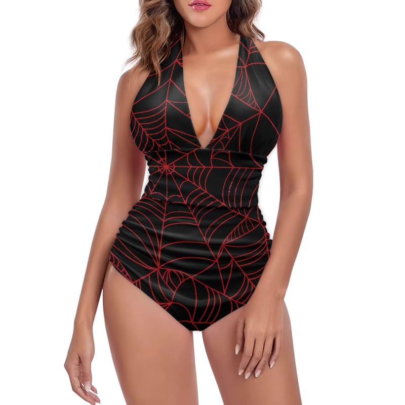 Costume da bagno intero da donna con scollo a V e increspato controllo della pancia, costume da bagno intero per pittura artistica