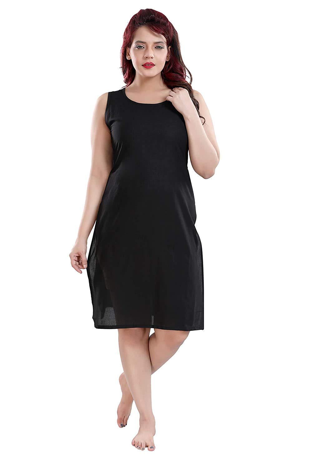 Heda Women's Black Cotton Slip Knee Length