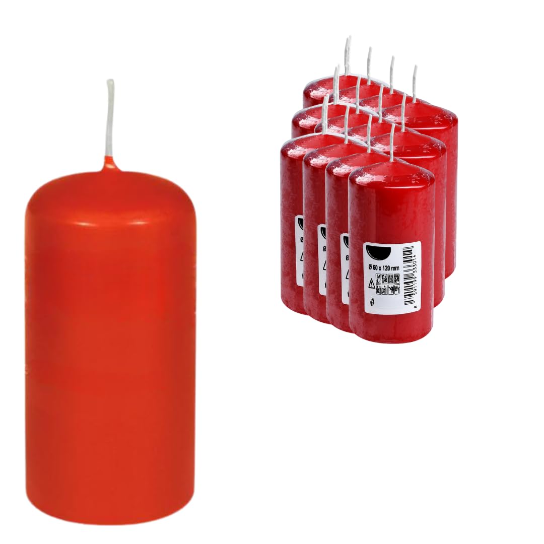 12 Stumpenkerzen rot HORECA | Ø 6 cm- Höhe 12 cm | Brenndauer: ca. 30 Stunden | Hochwertige Stumpenkerze | Adventskerzen | für Gastronomie, Hotels, Kirchen- Hochzeiten & Feierlichkeiten