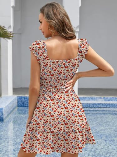 Image of Womens Summer Sundress Ruffle Sleeve Sweetheart Neck Print Mini Dress