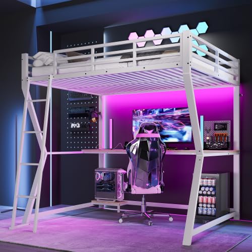 Huayz Letto a soppalco in metallo, 140 x 200 cm, letto a castello con luce LED, stazione di ricarica USB, per scrivania e console per computer, letto singolo, con protezione anti-caduta e scala, senza