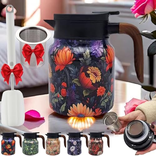 Termo for té con estampado floral vintage: infusor integrado, jarra térmica portátil con tapa(Purple,800ml)