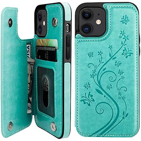 Vaburs Compatible with iPhone 12 and iPhone 12 Pro Case Wallet with Card Holder,Embossed Butterfly Pattern PU Leather Double Magnetic Buttons Flip Shockproof Cover 6.1 Inch(Green) Cover