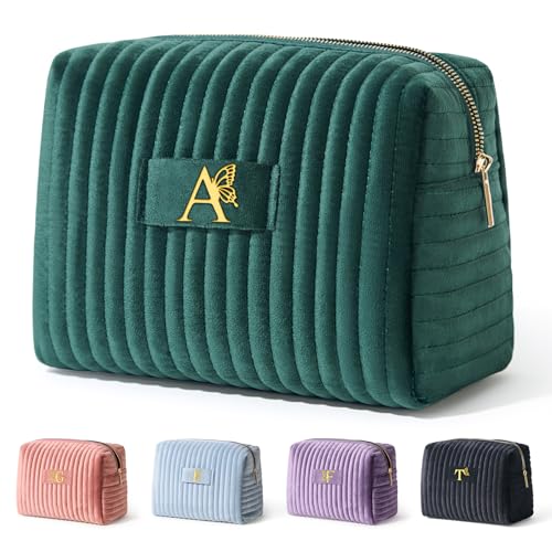 Image of COSHAYSOO Mom Birthday Gift Ideas Mother of the Bride Gifts Mothers Day Gift for Mama New Mommy from Daughter, Travel Makeup Bag Quilted Make Up Cosmetic Pouch Velvet Monogram Green Initial Letter A