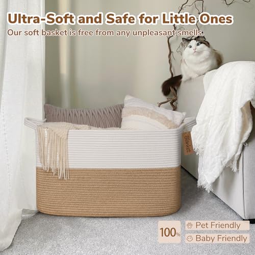 Image of Goodpick 75L Extra Large Woven Rope Blanket Basket, Rectangle, Jute | 22 inch x 17 inch x 12 inch Decorative Storage Basket for Pillows, Toys & Daily Essentials, Fits Living Room, Bedroom & Home Decor
