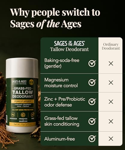 Image of Beef Tallow Deodorant for Men & Women, Aluminum Free & Baking Soda Free Natural Deodorant with Magnesium, Prebiotic & Probiotic, 24 Hour Odor Protection, Forest Amber, 2.65 oz