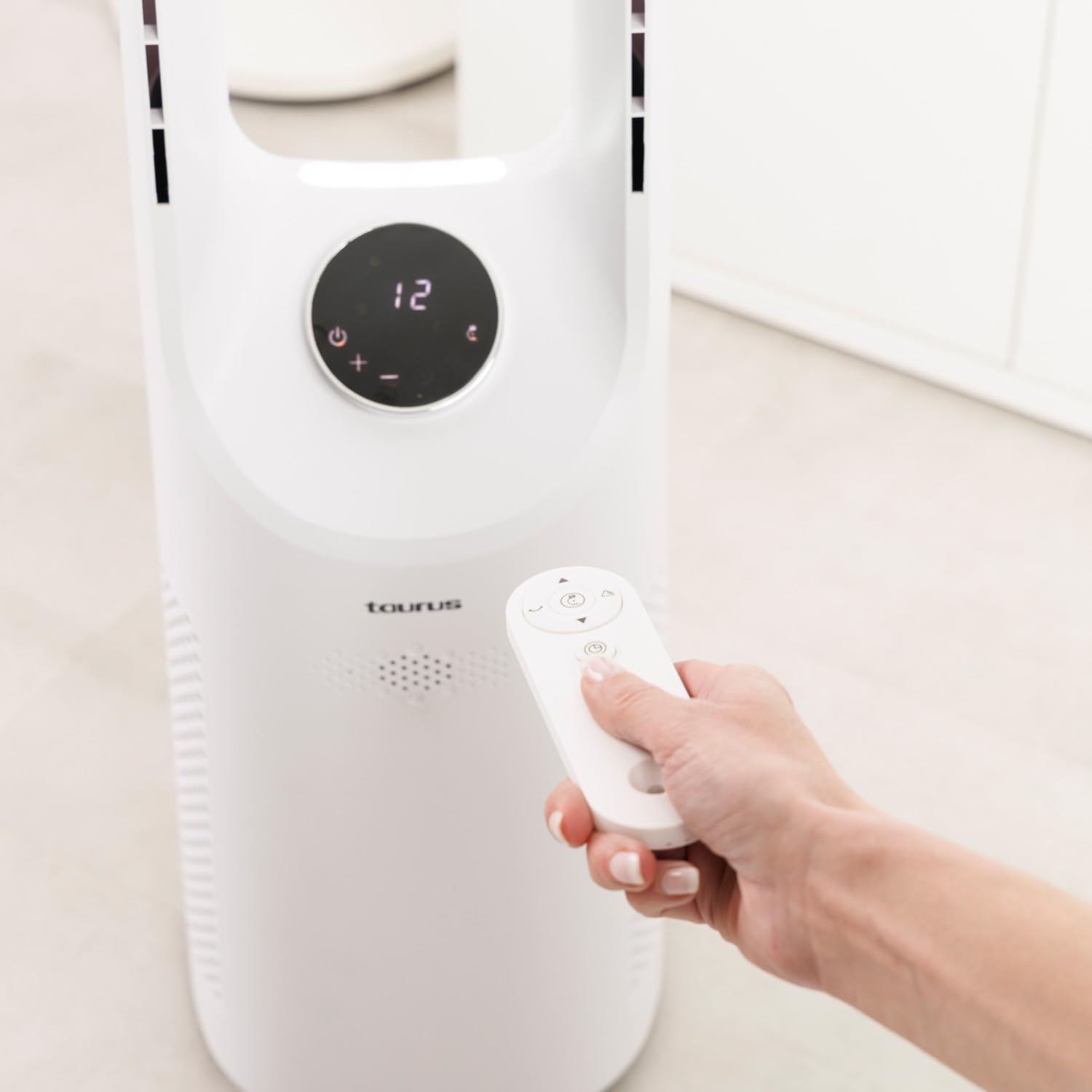Taurus Babel Endless Ventilador de Torre Bladeless con Motor Digital Brushless Ultra Silencioso, 12 Velocidades, Pantalla LED Táctil, Oscilación, Temporizador 12h y Mando a Distancia