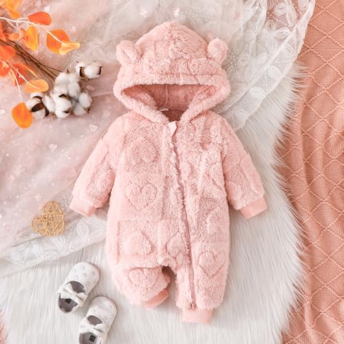 SHIBAOZI Infant Newborn Baby Girl Clothes Solid Zipper Fleece Romper Long Sleeve Hooded Toddler Fall Winter Warm Jumpsuits2