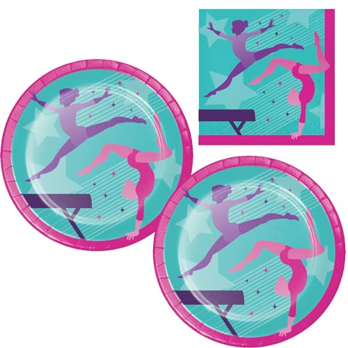 Gymnastics Party Supplies | Bundle Includes 16 Dinner Plates and 16 Luncheon Napkins