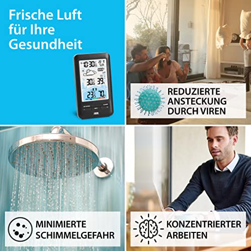 Foto von ADE Wetterstation Funk mit Außensensor und Funkwecker | mit Lüftungsempfehlung | Hygrometer, Thermometer | 2 Weckzeiten | animierte Wettervorhersage | Schlummerfunktion | LCD-Farbdisplay