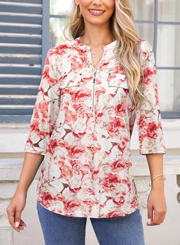 Image of Bulotus Womens 3 /4 Sleeve Tops Plus Size V Neck Zipper Business Casual Blouses for Office & Going Out Soft Knit Tunics, M-3XL