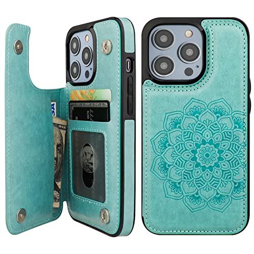 Vaburs Compatible with iPhone 14 Pro Case Wallet with Card Holder, Embossed Mandala Pattern Flower PU Leather Double Buttons Flip Shockproof Cover for Magnetic Car Mount 6.1 Inch (Green)