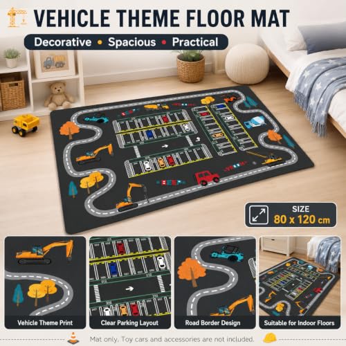 Image of Vehicle Design Floor Mat for Kids Room, Black, 80 x 120 cm