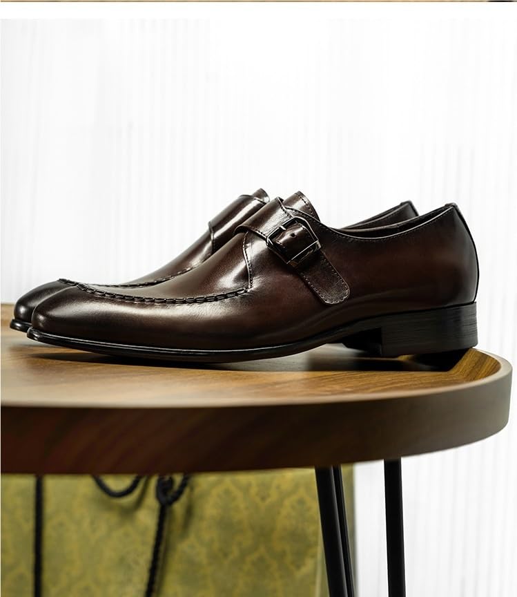 HOOENG Oxford Dress Shoes for Men Slip On Pointed Toe Genuine Leather Split Toe Monk Strap Block Heel Slip Resistant Anti-Slip Rubber Sole Casual(Light Coffee,7)2