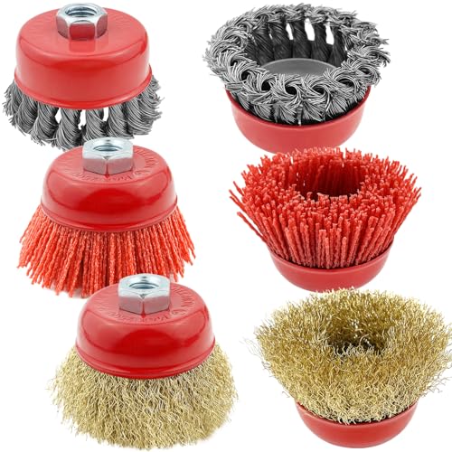 GZqiancang 6 Piezas Cepillo Alambre Taladro, Cepillo Nailon Amoladora,Cepillo de vaso de acero latonado para Pulir EliminacióN de óXido, CorrosióN, Pintura,Diámetro (75 mm)