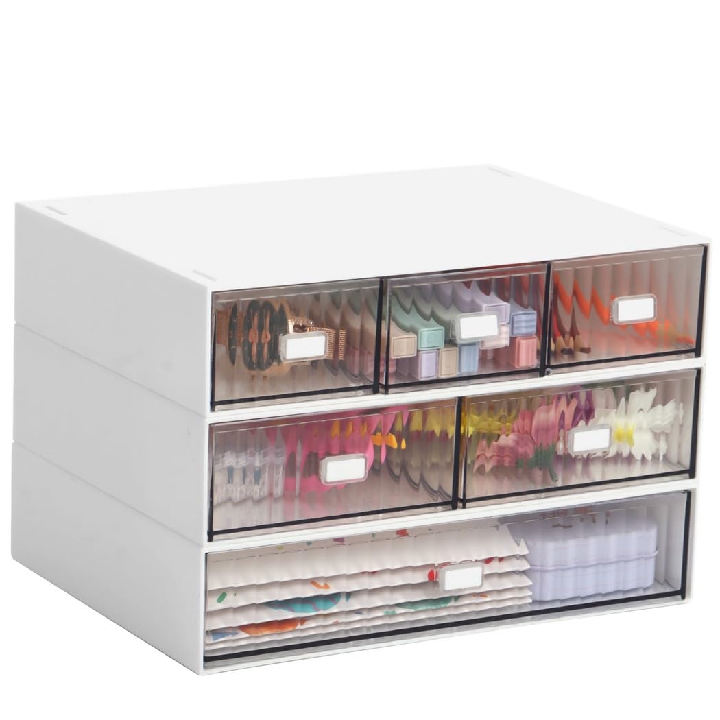 Organizer da scrivania in plastica trasparente con 6 cassetti, impilabile e compatto, per ufficio, casa, trucco e materiale scolastico