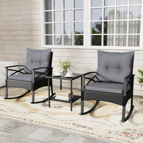 Image of Tangkula 3 Pieces Wicker Outdoor Rocking Chairs Set