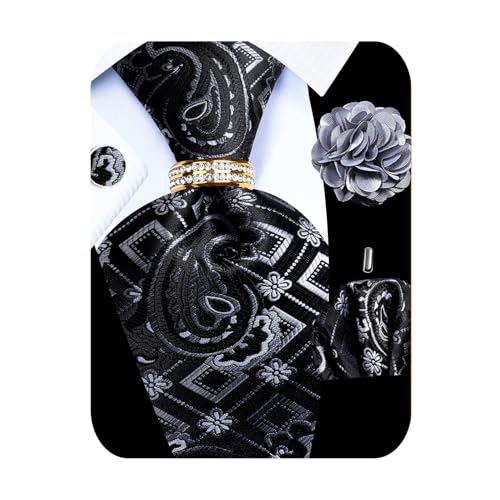 Image of 5PCS Mens Premium Silk Tie, Pocket Square, Cufflinks, Drilled Tie Ring and Lapel Pin Set for Wedding Groom Party