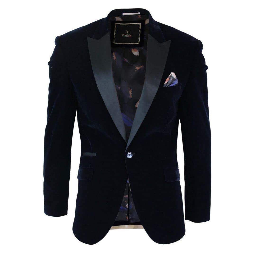 House Of Cavani Men's Black Rosa - Soft Velvet Navy 1 Button Dinner Jacket Tuxedo Blazer Fit - Navy - 38