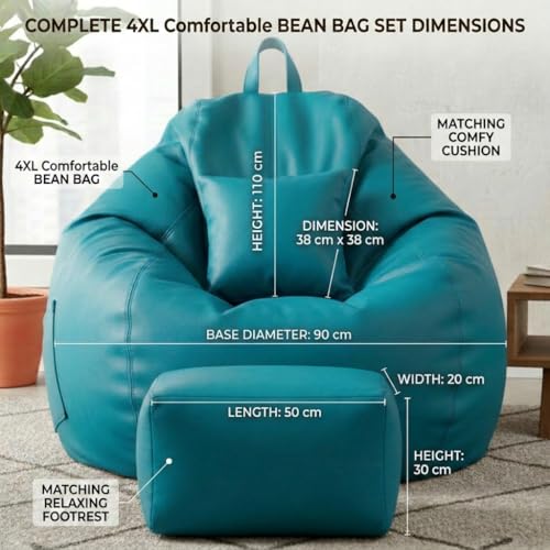 Image of KAM'S LIEU 5XL Luxury Faux Leather Bean Bag with Footrest & Cushion | Pre-Filled High-Density Polystyrene Beans | Premium Leatherette | 6 Months Warranty Color- (Aqua, with Footrest)