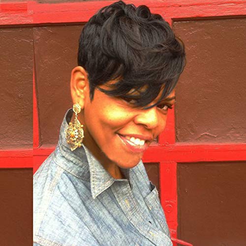 MowigLux Short Wigs for Black Women Pixie Wavy Human Hair Wigs Short Black Layered Wavy Wigs 1B Color