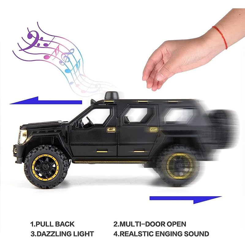 Image of Kids Model 1:24 Pattong Die Cast Metal Car Pull Back Action Opening Doors with Realistic Engine Sound Lights Toy Car Gift for Boys - Black